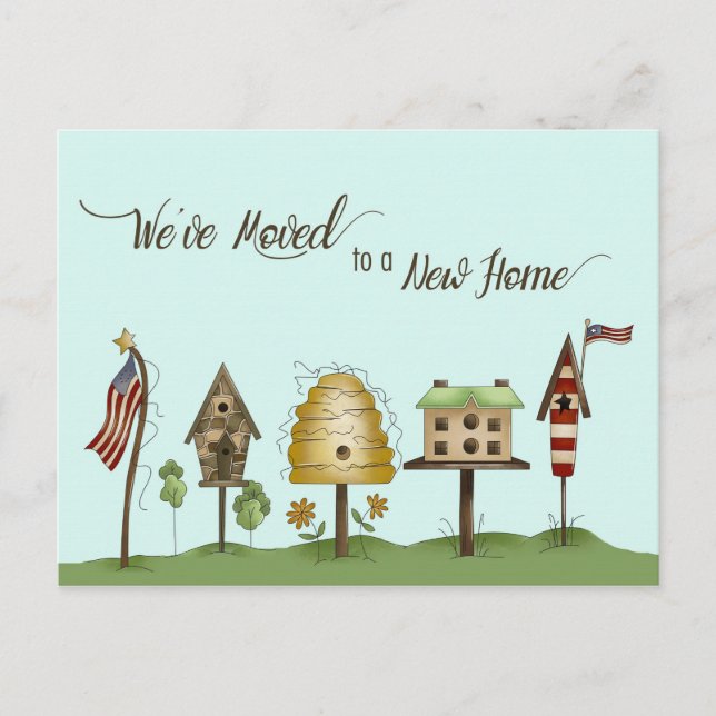 We've Moved / New Address Birdhouses & Flags Announcement Postcard (Front)
