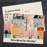 We've Moved New Address Moving Announcement  Postcard<br><div class="desc">A charming We've Moved moving announcement with a cute village house pattern. Personalise it with your name. Designed for you by Blackberry Boulevard.</div>