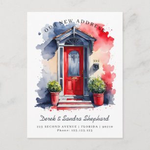 We've Moved New Address red navy Watercolor Door Announcement Postcard