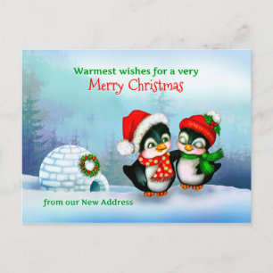We've Moved, New Home Address Christmas Penguins Holiday Postcard