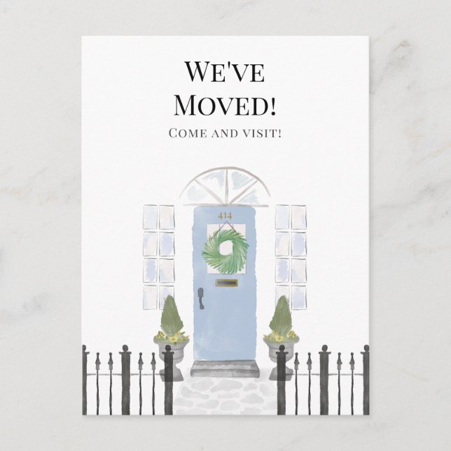 We've Moved New Home Blue Watercolor Door Postcard (Front)