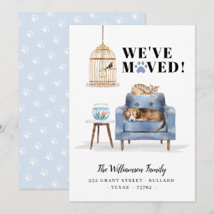 We've Moved New Home Dog & Cat Sleeping Blue Sofa Announcement