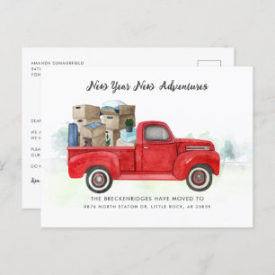 We've Moved New Year Adventures Red Truck Moving A Announcement Postcard