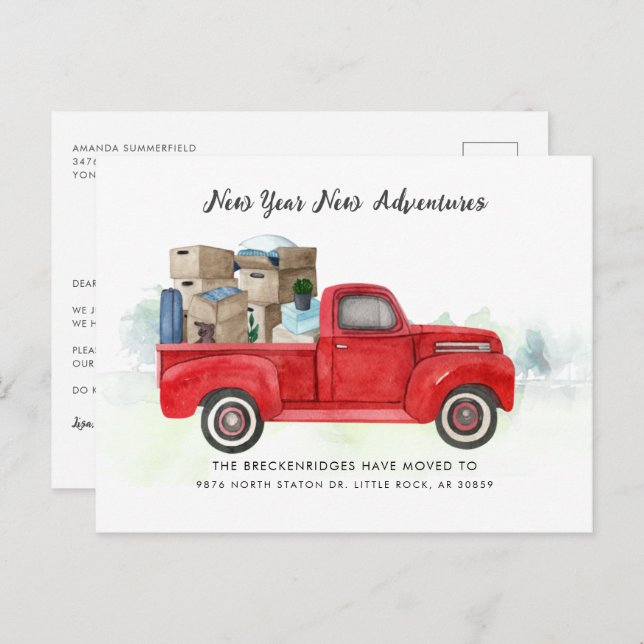 We've Moved New Year Adventures Red Truck Moving A Announcement Postcard (Front/Back)