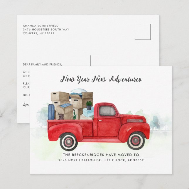 We've Moved New Year Adventures Red Truck Moving Announcement Postcard (Front/Back)