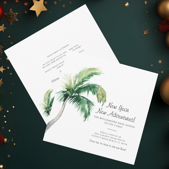 We've Moved New Year Moving Announcement (Christmas Holidays Family Moving Announcement Palm Tree Beach House)