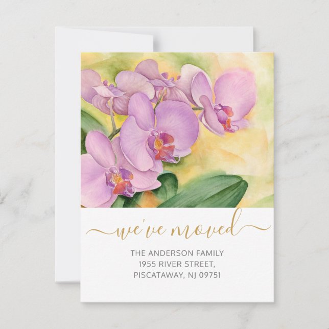We've Moved Orchids Pink Floral Gold Name Script Announcement (Front)