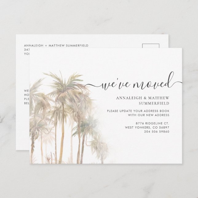 We've Moved Palm Trees QR Code Housewarming Moving Announcement Postcard (Front/Back)