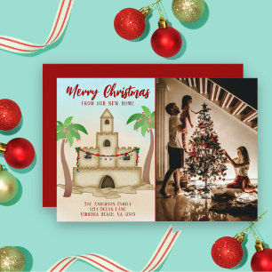 We've Moved PHOTO Sandcastle Beach Home Christmas Holiday Card