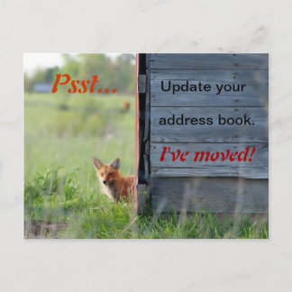 We've Moved Postcard (red fox in barn)