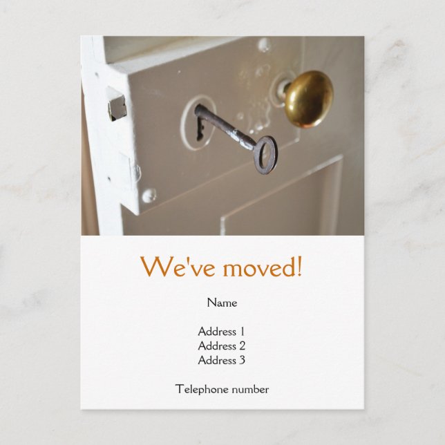 We've Moved Postcard with an old door & key (Front)