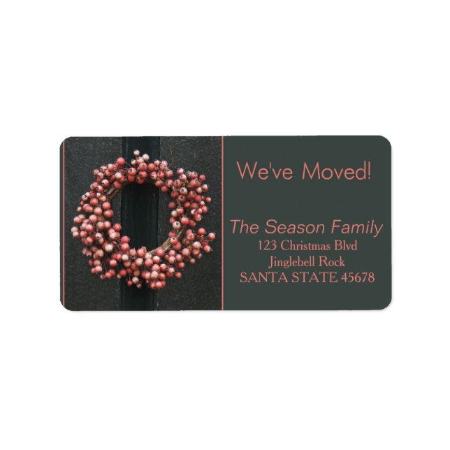 We've Moved Red berry wreath Christmas label (Front)