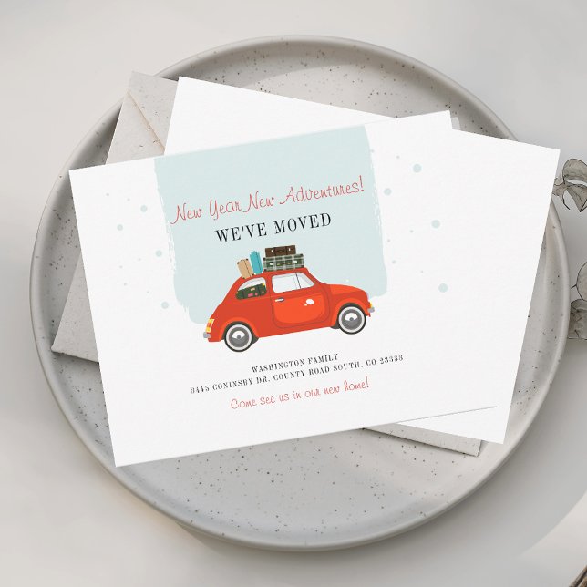 We've Moved Red Car Christmas Moving Announcement (New Year Moving Announcement with Red Car)