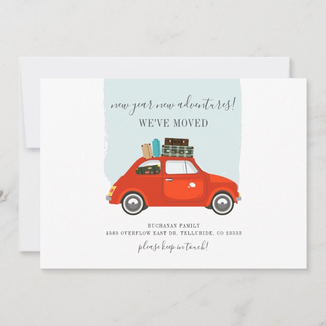 We've Moved Red Car New Year Adventures Moving Announcement (Front)