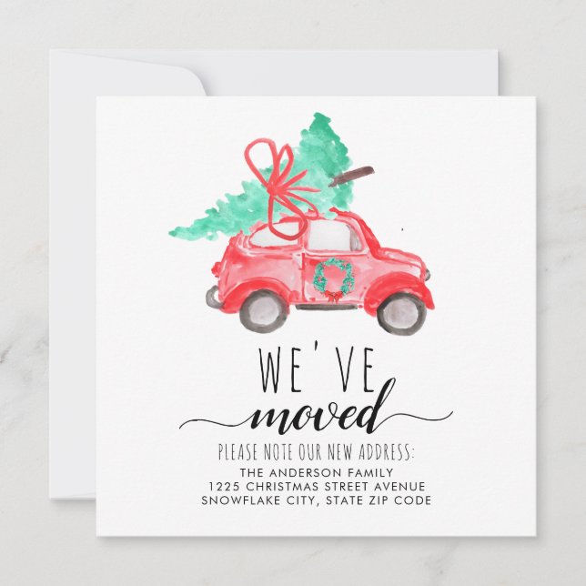 We've Moved Red Christmas Car Tree Holiday Moving Announcement (Front)