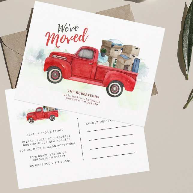 We've Moved Red Truck Classic Moving Announcement Postcard (Moving Announcement Postcard Loaded Red Truck)