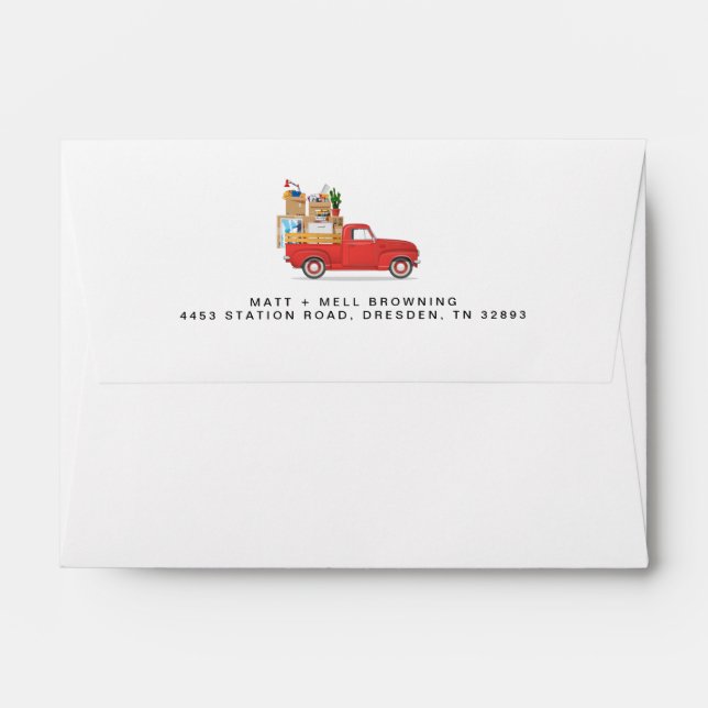 We've Moved Red Truck New Address Announcement Envelope (Back (Top Flap))