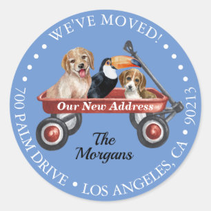 We've Moved, Return Address, Dogs Bird, Red Wagon Classic Round Sticker