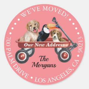 We've Moved, Return Address, Dogs Bird, Red Wagon Classic Round Sticker