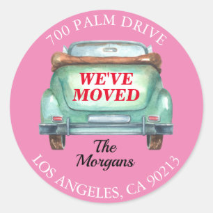 We've Moved, Return Address, Old Car, Pink Classic Round Sticker