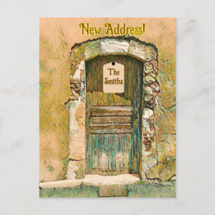 WE'VE MOVED! RUSTIC PAINTED WOODEN DOOR POSTCARD