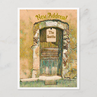 WE'VE MOVED!  RUSTIC PAINTED WOODEN DOOR POSTCARD