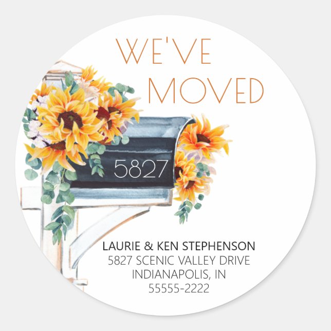 We've Moved Sunflower Mailbox Return Address Classic Round Sticker (Front)