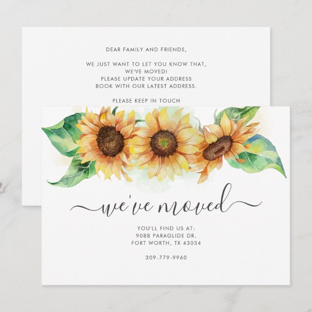 We've Moved Sunflower Watercolor Floral Moving Card (Front/Back)