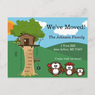 We've Moved   Tree House   Owl Family   Cute Announcement Postcard