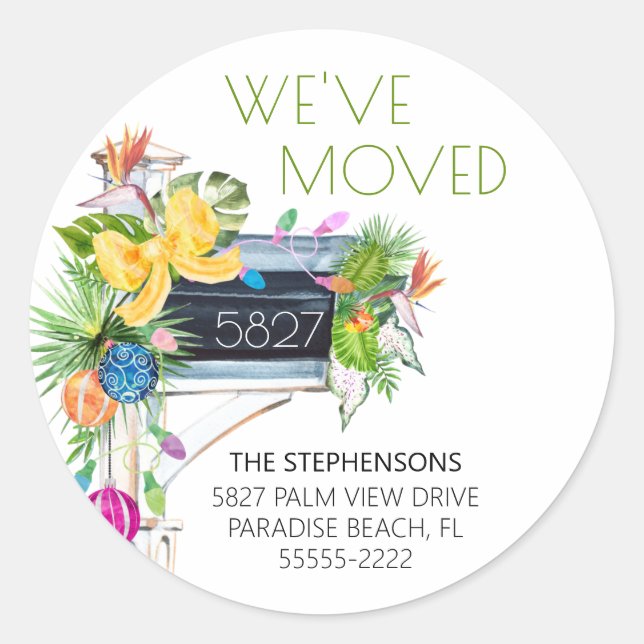 We've Moved Tropical Christmas Return Address Classic Round Sticker (Front)