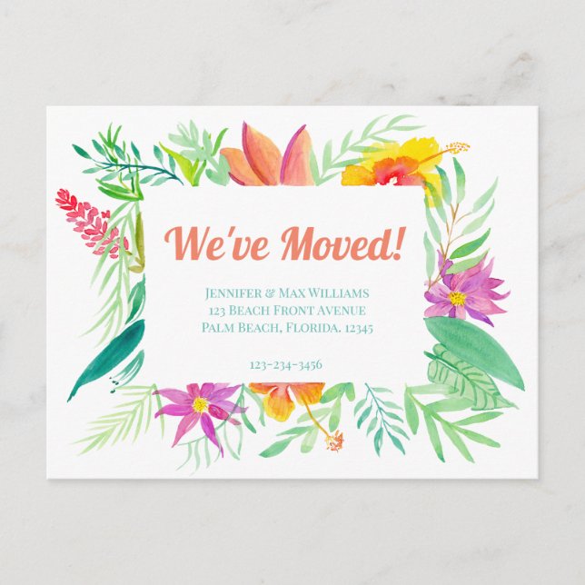 We've Moved! Tropical Floral Frame Announcement Postcard (Front)