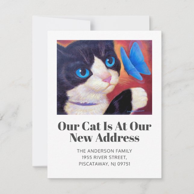 We've Moved Tuxedo Cat Pet New Home Script Moving Announcement (Front)