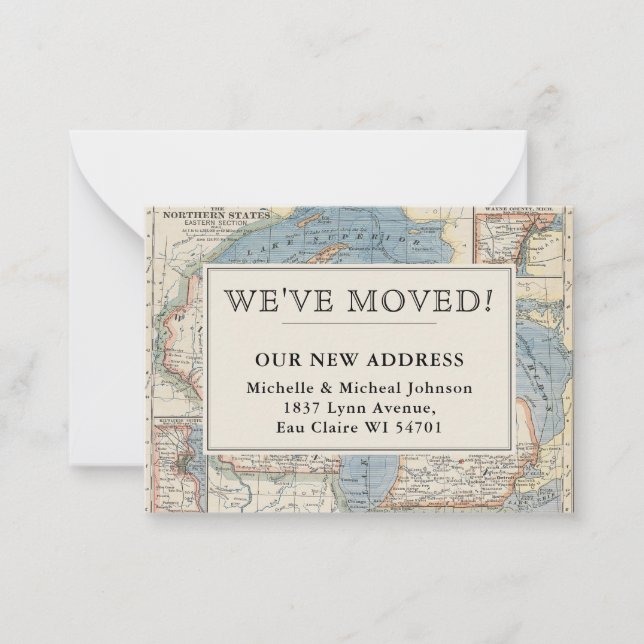 We've Moved Vintage Map Wisconsin Michigan Address Card (Front)