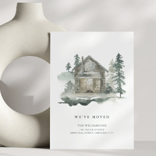 We've Moved Watercolor Cabin Pine Trees Rustic Announcement