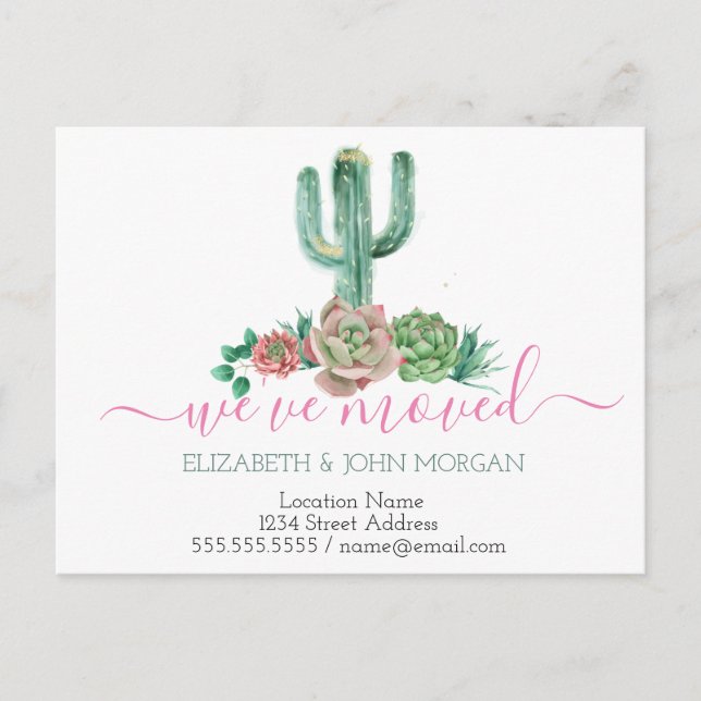 We've moved Watercolor Cactus Succulent Announcement Postcard (Front)
