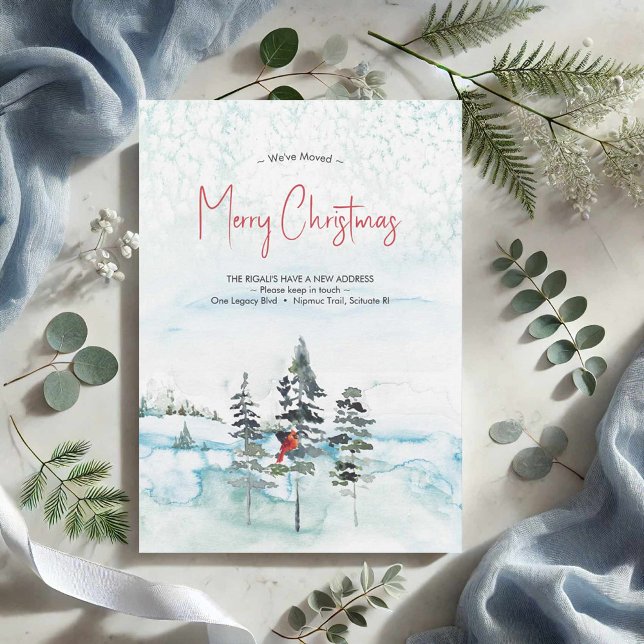We've Moved Watercolor Christmas Cards (Moving Christmas cards watercolor winter scene trees and red cardinal.)