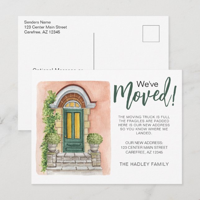 Weve Moved Watercolor Green Door Announcement Postcard (Front/Back)