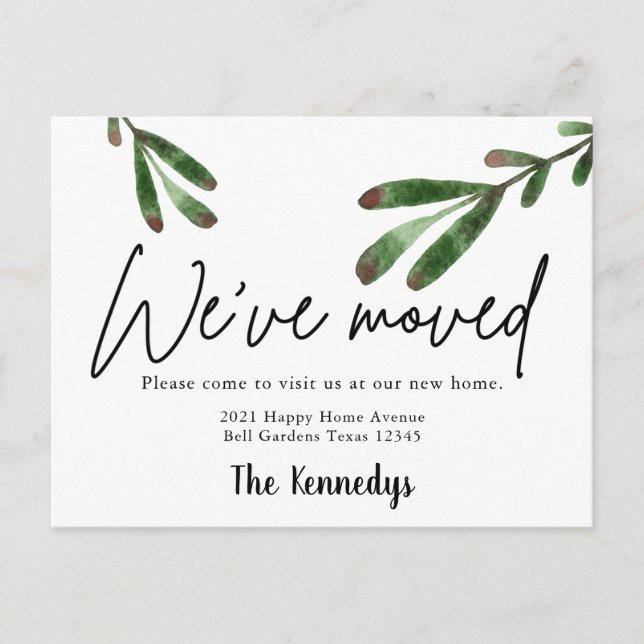 We've Moved Watercolor Greenery New Home Moving Announcement Postcard (Front)