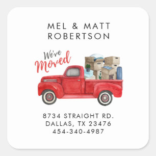We've Moved Watercolor Red Truck Moving Square Sticker