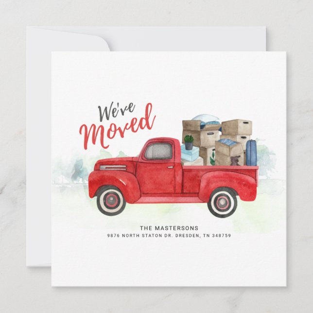 Weve Moved Watercolor Red Truck New Address Moving Announcement (Front)