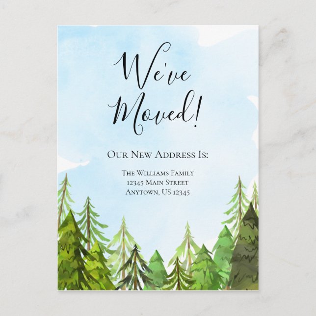 We've Moved Watercolor Trees Wilderness Moving Postcard (Front)