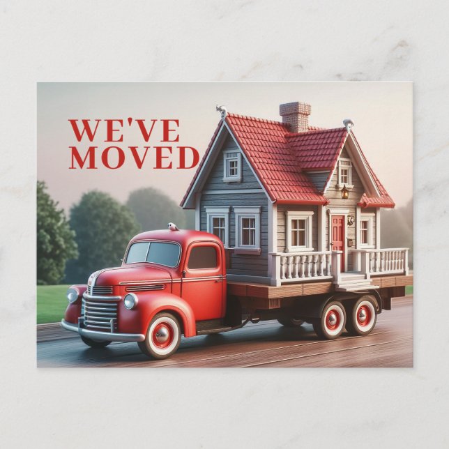 WE'VE MOVED Whimsical Cottage & Red Truck  Invitation Postcard (Front)