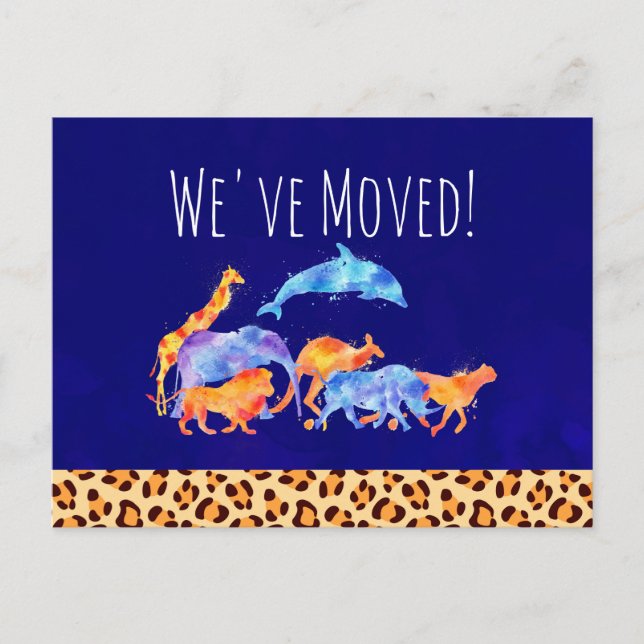 We've Moved Wild Animals with a Leopard Print Announcement Postcard (Front)