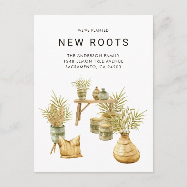 We've Planted New Roots Watercolor Moving Announcement Postcard (Front)