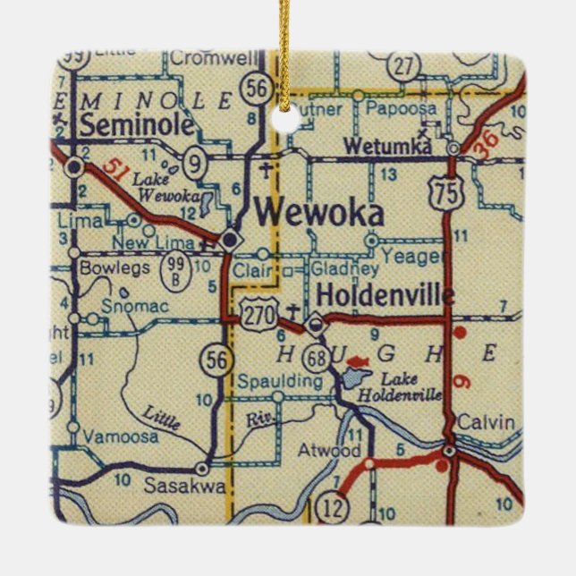 Wewoka OK Retro Map Ceramic Ornament (Back)