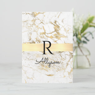 Wh/Gold Marble, DIY Blk Name Monogram Message Invitation