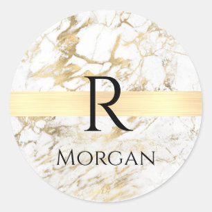 Wh & Gold Marble Gold Bar, DIY Black Name Monogram Classic Round Sticker