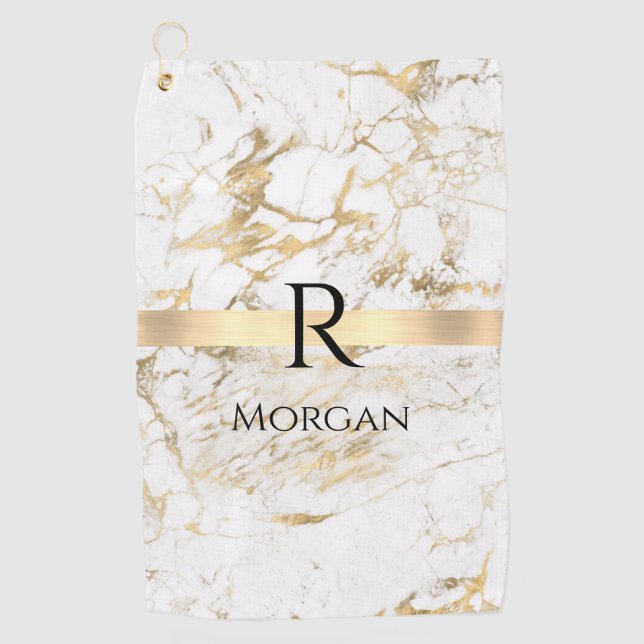 Wh & Gold Marble Gold Bar, DIY Black Name Monogram Golf Towel (Front)