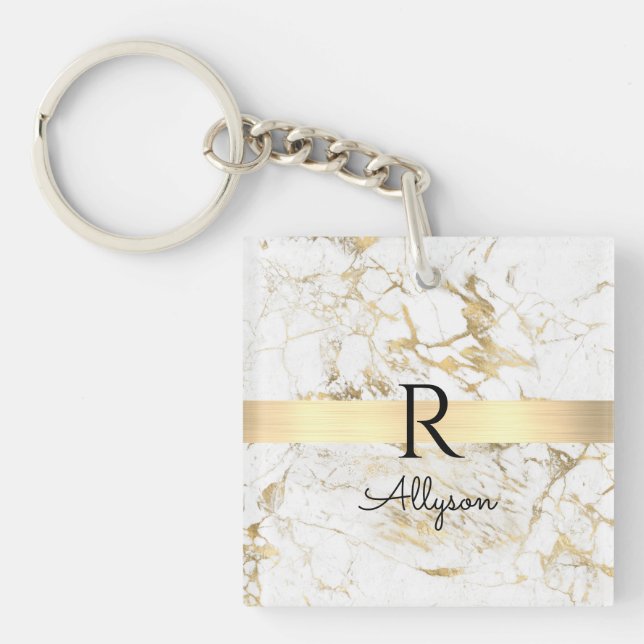 Wh & Gold Marble Gold Bar, DIY Black Name Monogram Key Ring (Front)