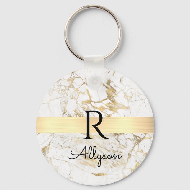 Wh & Gold Marble Gold Bar, DIY Black Name Monogram Key Ring (Front)